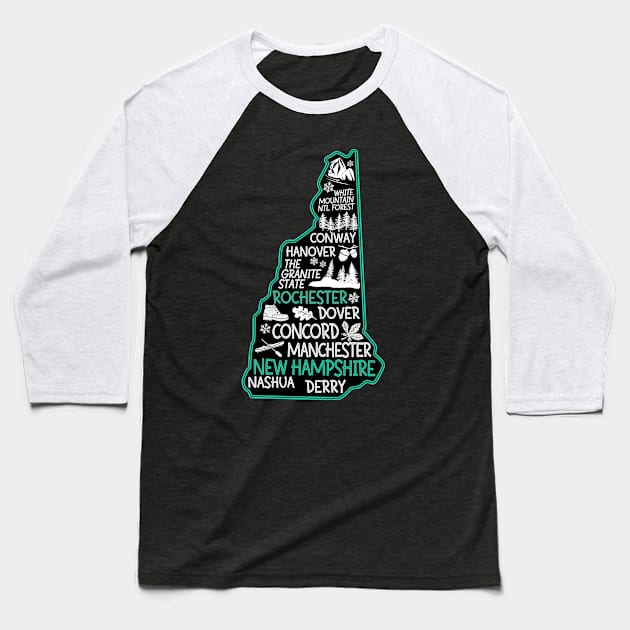 New Hampshire Rochester cute map Conway Hanover Dover Manchester Nashua The Granite State Baseball T-Shirt by BoogieCreates